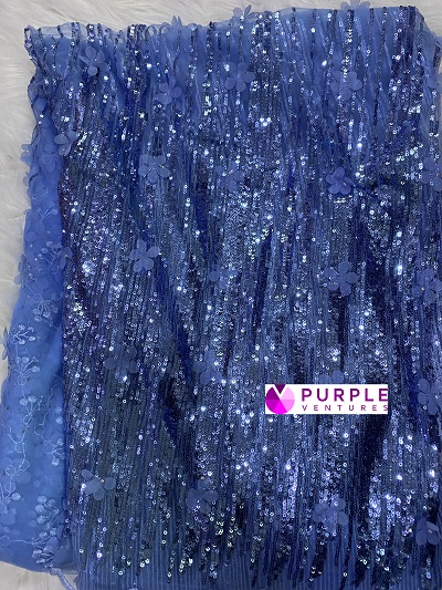 Blue Floral Stoned Silk (4 yards)
