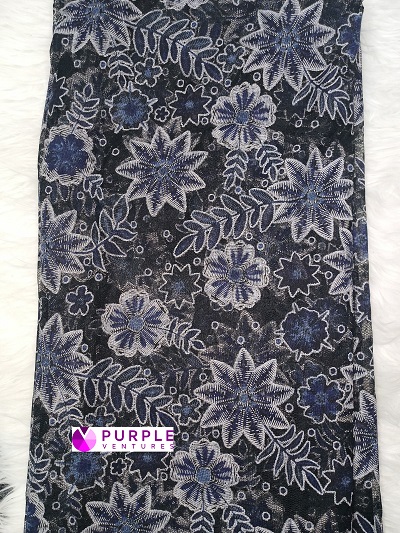 Black & Blue Floral Net Fabric