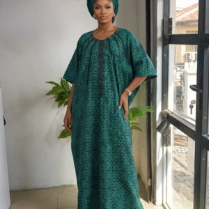 MNIKS LUSHY Posie green African print Bubu dress with black geometric triangle pattern and matching headwrap